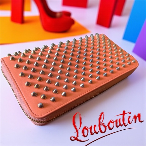 Christian Louboutin Panettone Wallet with Silver Spikes BRIGHT PEACH & SO UNIQUE - Picture 1 of 10